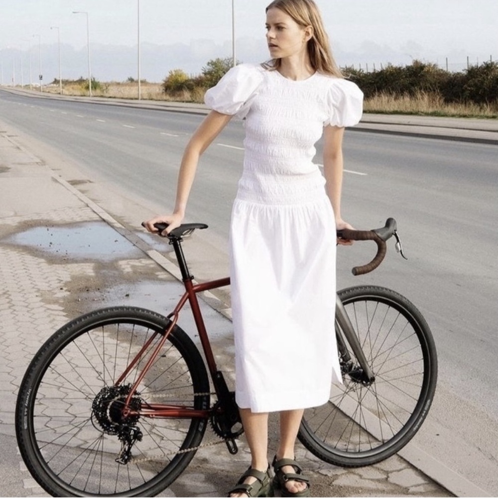 Ganni Smocked Poplin Midi Dress in White Organic Cotton